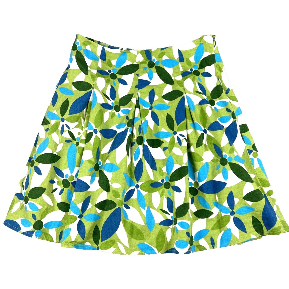 Willi Smith Women's Skirt 10 Cotton Spandex Green Blue Geo Floral Box Pleated